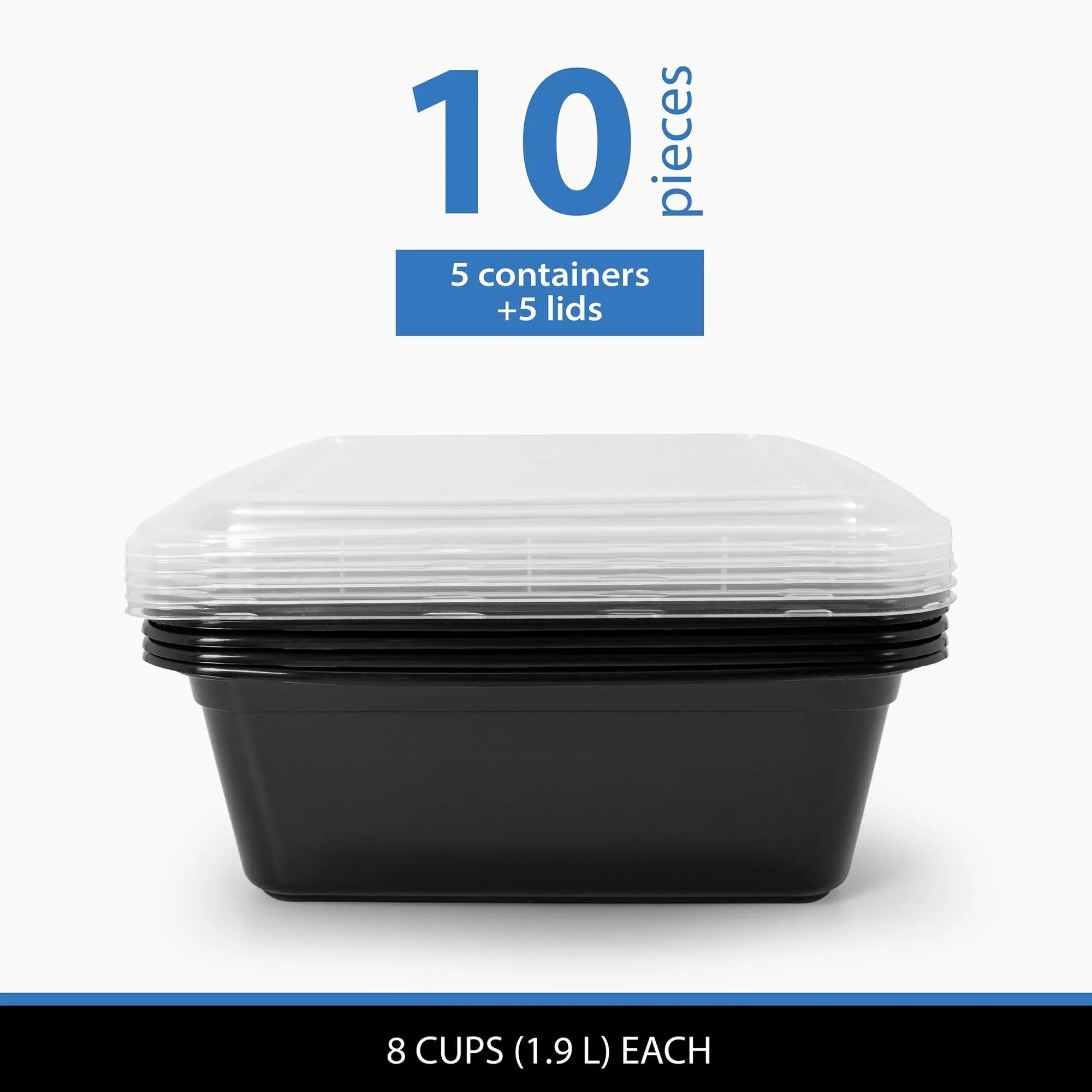 Tall Square Meal Prep Containers, 10 Piece Set, 8 Cup Large Food Storage with Clear Lids, Black
