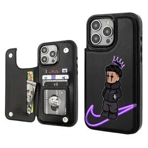 Trendy brand Aesthetics Pattern Phone Cases Compatible For With iphone 17 16 15 14 13 12 PRO PLUS MAX Air PU Black Durable Flip High quality Leather Credit Card Bag Holder Mother Gift Wallet Shockproof Anti-Drop Full Protection Phone Cases Shell Cover