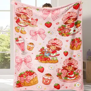 Cute Pink Strawberry Pattern Blanket Super Soft Cozy Flannel Fleece Throw Blankets for Movie Nights & Snuggles Cottagecore Decor for Bed & Couch Home Office Air Conditioning Lightweight Nap Blanket Thoughtful Gift Idea