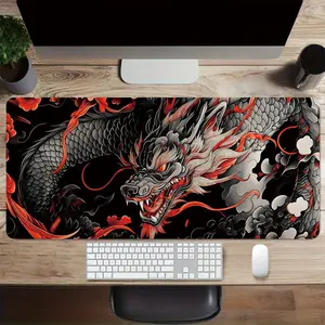 Dragon Pattern Desk Mat, Xxl Non-Sponge Rubber Mouse Pad, Sewn Edges, Washable Anti-Slip Keyboard Pad, for PC, Office, Gaming, Corporate Work Desk Accessories