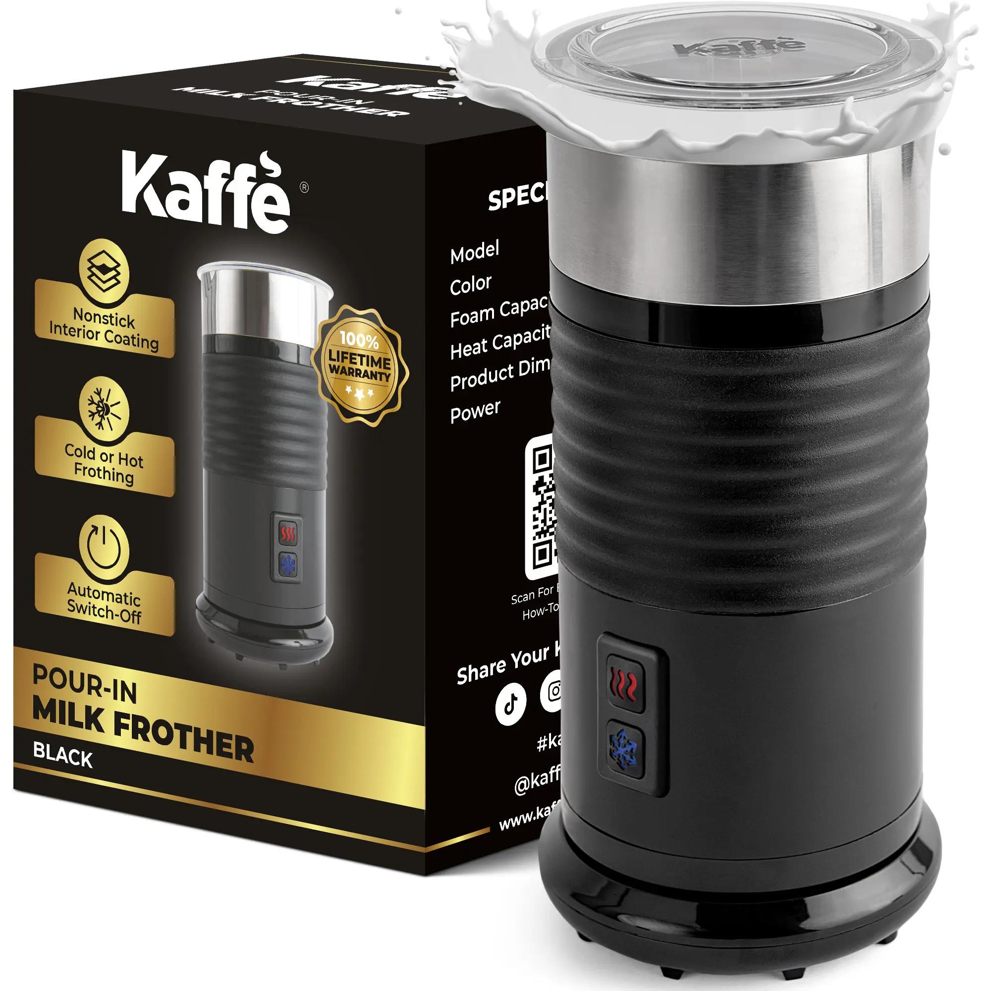 Kaffe 4-in-1 Electric Milk Frother & Steamer – 4oz, Hot & Cold Foam, Non-Stick Coating, Barista Tool