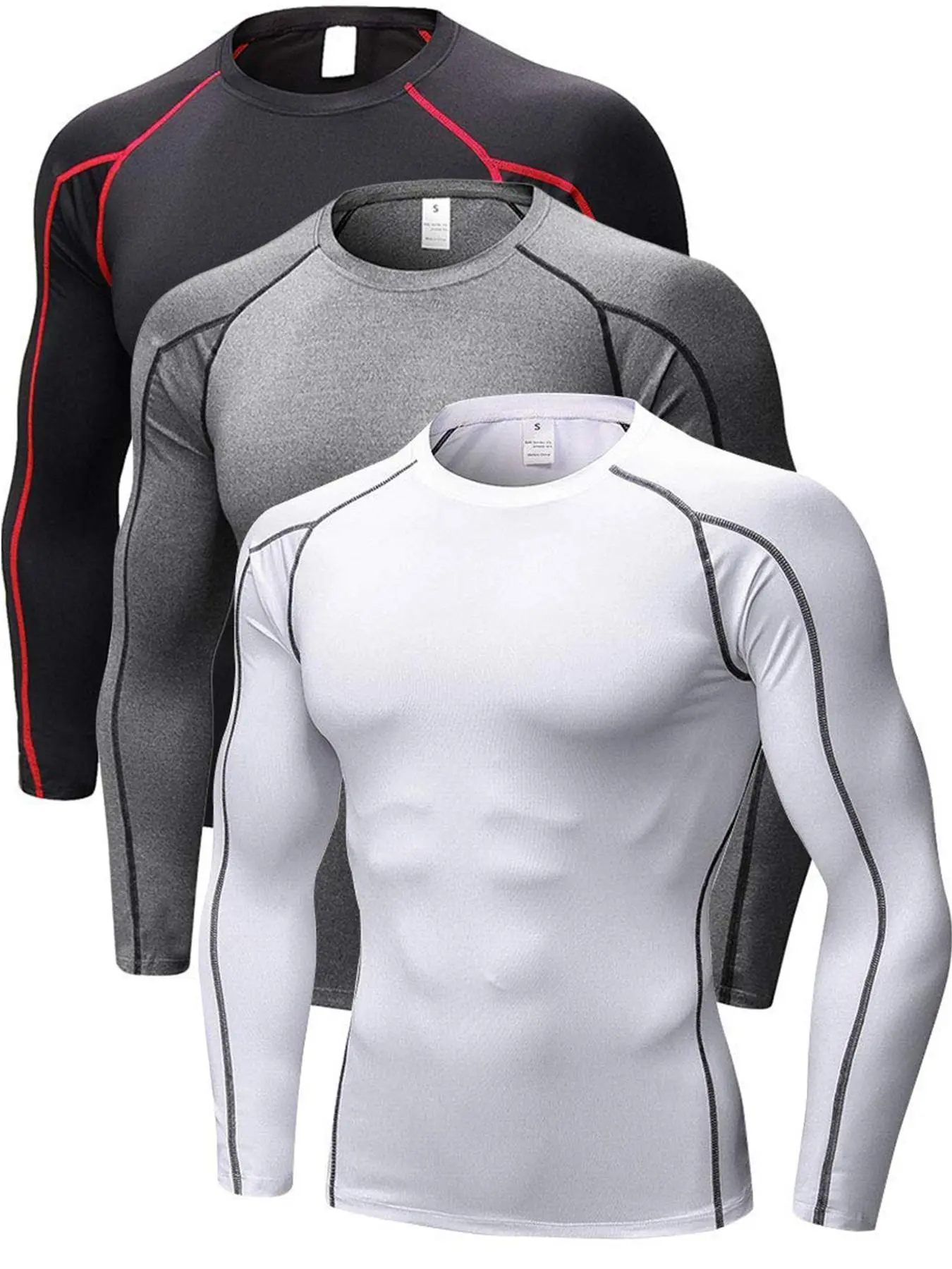 Men's 3pcs Solid Contrast Binding Compression Shapewear Tee, Comfortable Breathable Long Sleeve Shapewear T-Shirt for Daily Wear, Athletic Compression Shirts, Compression Undershirts, Compression Tops, Compression Tees