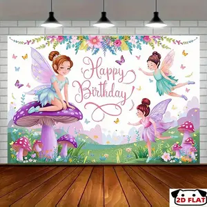 2D Flat Banner 1pc, Fairy Garden Happy Birthday Party Banner - Whimsical Photo Backdrops Magical Forest Scene, Colorful Butterflies & Mushrooms, Room Decor, Photo Props, Birthday Party Decor, Party Decoration
