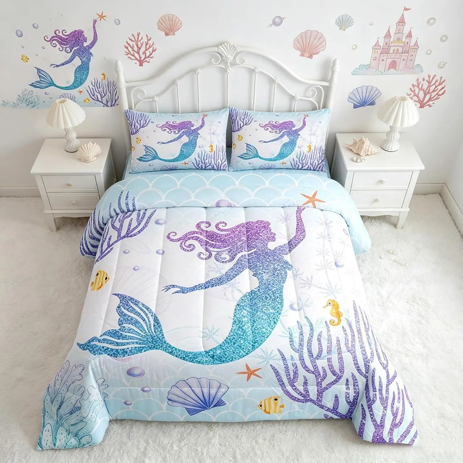 Mermaid Comforter Set Rainbow Watercolor Glitter Bedding Set Women Room Decor,Mermaid Fish Scale Quilt Set Ocean Coral Shell Duvet Insert
