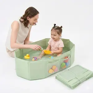 UNCLE WU Foldable Baby Bathtub for Toddlers (12M-5Y) – Portable Travel Bath Tub Converts Shower to Tub – Large Deep Collapsible Basin with Mesh Storage Pockets, Non-Slip & Fast Draining