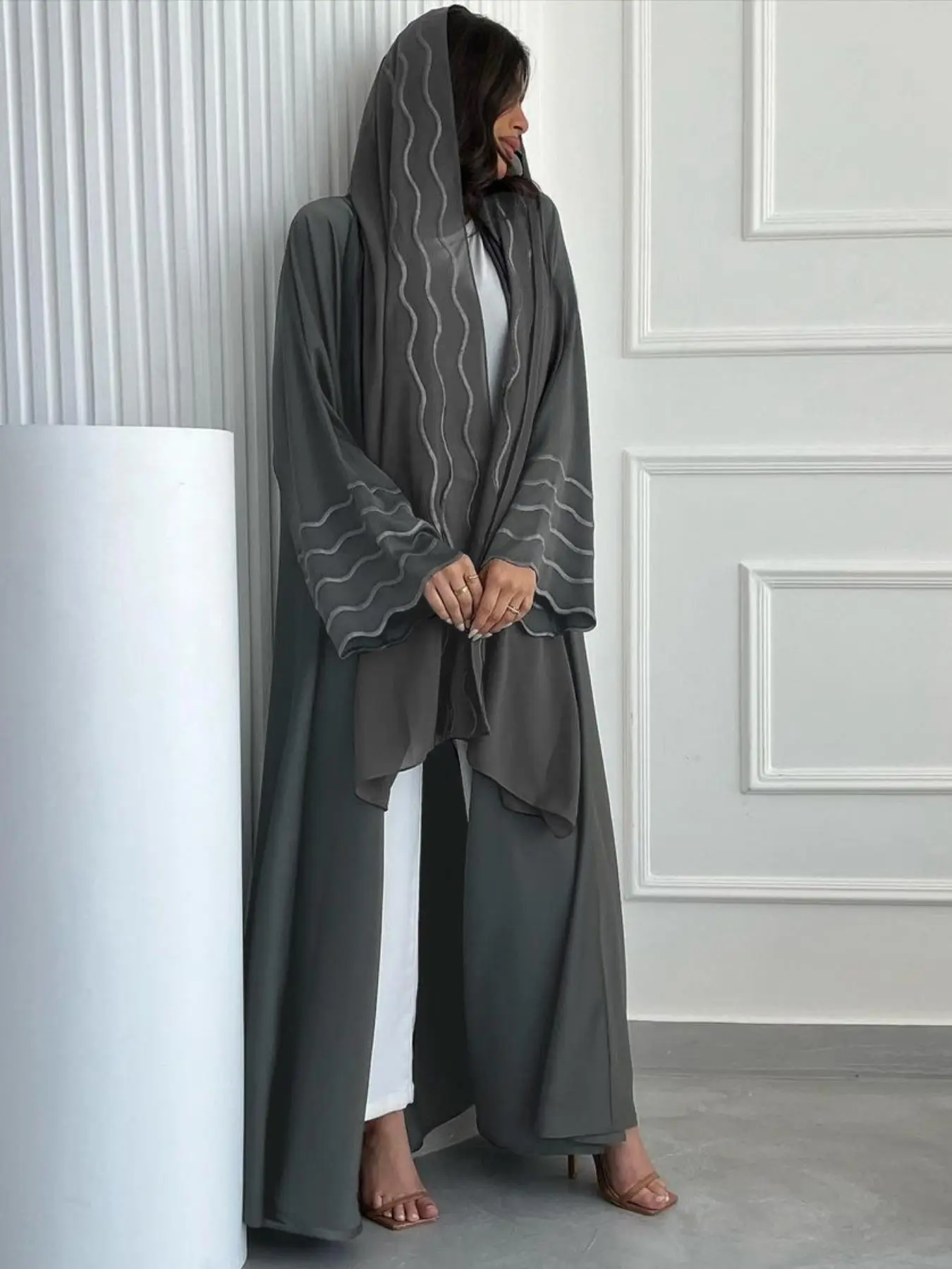 Women's Solid Abaya Set, Elegant Long Sleeve Open Front Abaya & Hijab Set, Women's Islamic Clothing for Fall & Winter