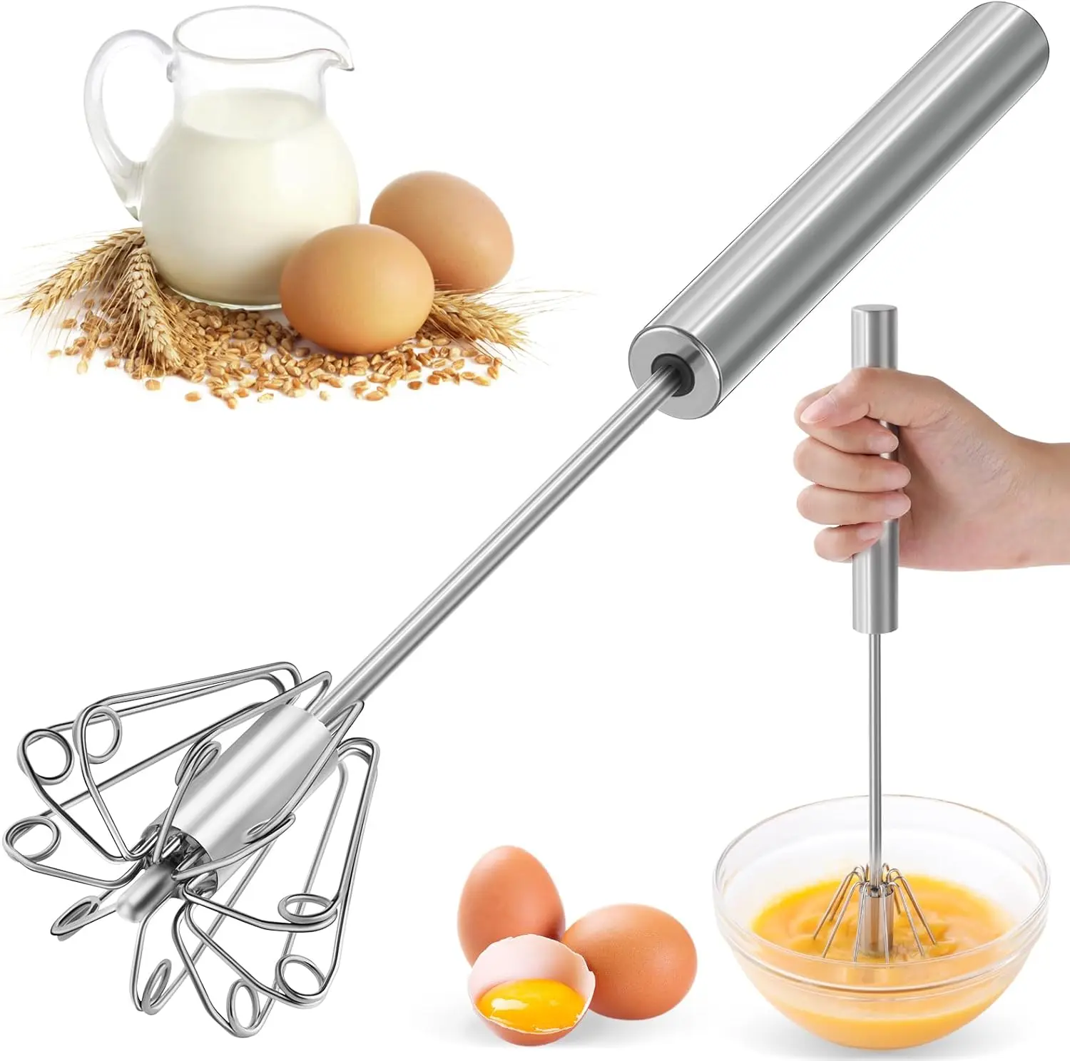 YESDOAGD 2026 Upgraded Semi-Automatic Stainless Steel Kitchen Whisk - 14.2" Long Hand-Push Whisk Shape Utensil with Handle, Single Unit Fast Mix Ring Head for Eggs, Batters, Stirring