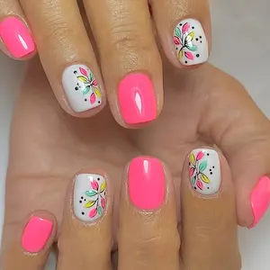 24 Pcs Square Short Press-On Nails |   Glossy Finish |   Mixed Color Floral Leaf Pink Design |   Jelly Adhesive & Nail File Included |   Perfect for Women's Everyday Wear, Date Night, Casual Outings |   Easy Application