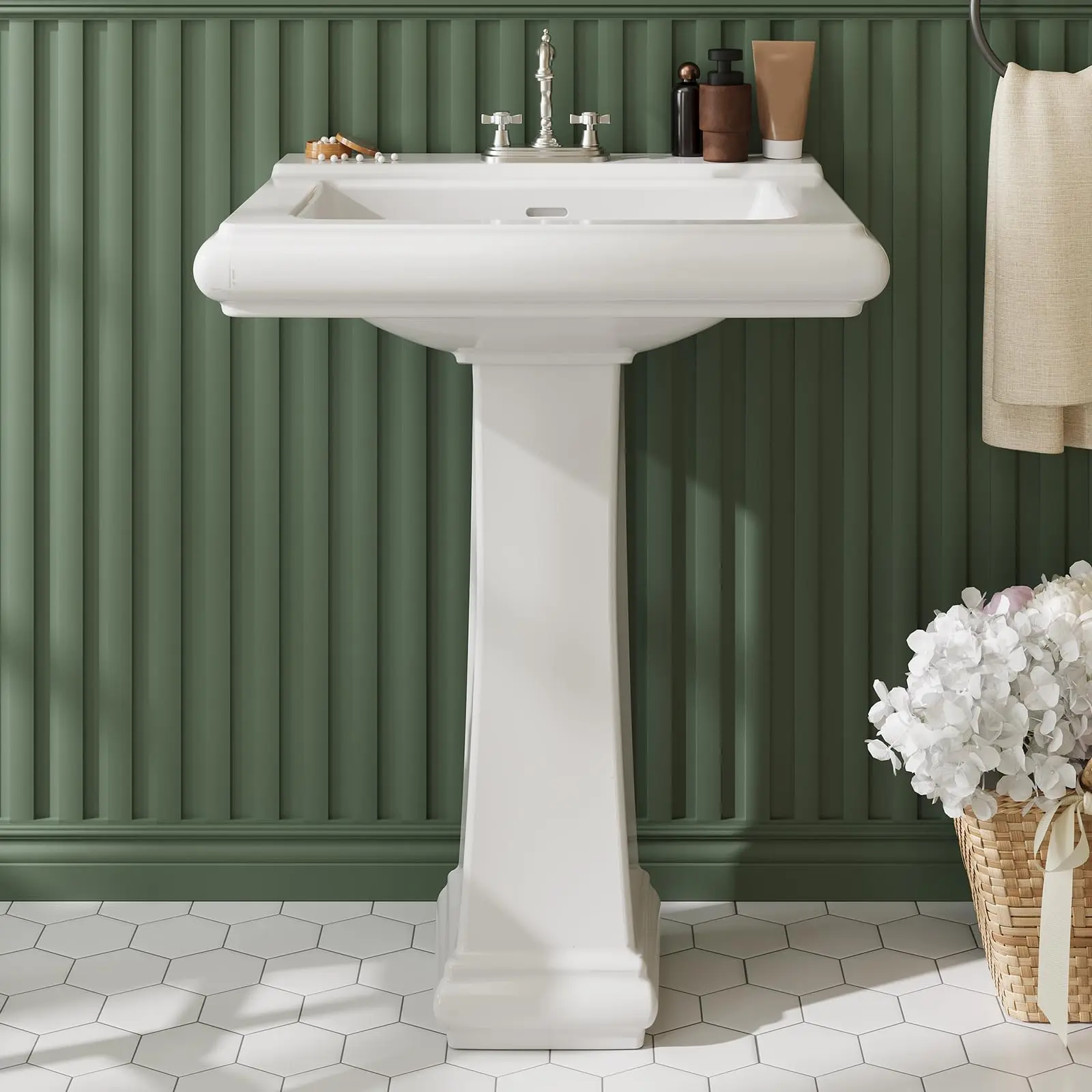 Garvee Bathroom Pedestal Sinks, 26 × 22 Inch Rectangular Ceramic Pedestal Sink with 3 Faucet Holes (4 Inch Centerset), Space-Saving Vanity Alternative for Modern Family Bathrooms