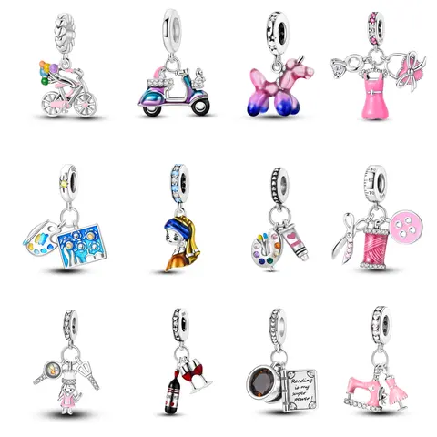 MULA Art & Life Charm Set with Bicycle Scooter Horse Girl Van Gogh & Sewing Designs, S925 Silver Plated, Colorful Enamel & CZ Dangle Beads, Fits Most Bracelets & Necklaces, Gift for Her, DIY Jewelry