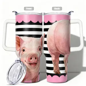 1pc, 40oz/30oz/20oz/14oz Stainless Steel Cup Watercolor Pig Portrait Double Wall Vacuum Insulated Cup, Leakproof Lid & Carry Handle Travel Mug for Outdoor Camping Hiking, Gift for Dad, Mom, Bro