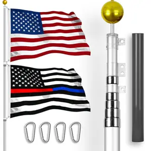G128 Combo Pack: 20 Ft Telescoping Aluminum Flagpole (Silver) & American and Thin Blue Red Line Flags 3x5 Ft, Both StormFlyer Series Embroidered 220GSM Spun Polyester | Pole with Flags Included
