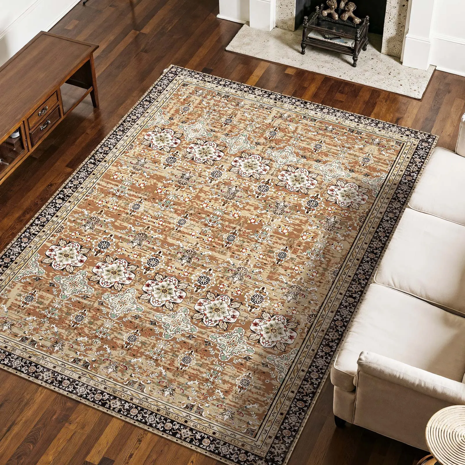 VEVOR Area Rug, 7.5 x 9.5 ft Large Washable Rug, Non-Slip and Tear-Resistant Soft Carpet, Pet Friendly Vintage Area Rugs, Indoor Mat for Bedroom, Living Room, Office, Entryway, Brown Green#BacktoSchool