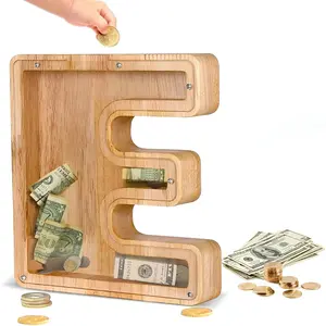 Twenty-six A-Z English Alphabet Piggy Bank, Large-Capacity Transparent Wooden Letter Coin Savings Box, Personalized DIY Name Combination, Wooden Money Box for Kids Toddlers Boys Girls Unisex, Ideal for Birthday and Children's Day Gifts