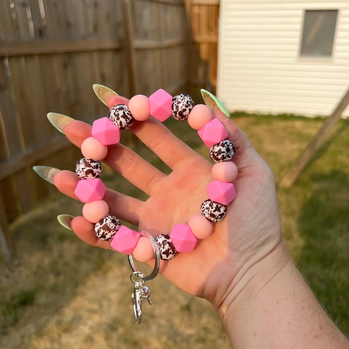 Pink Brown Cow Print Silicone Beaded Wristlet Keychain