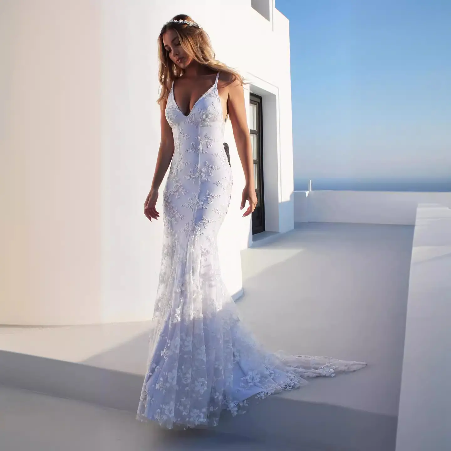 2025 women sexy V-neck white suspension dress ladies long dress