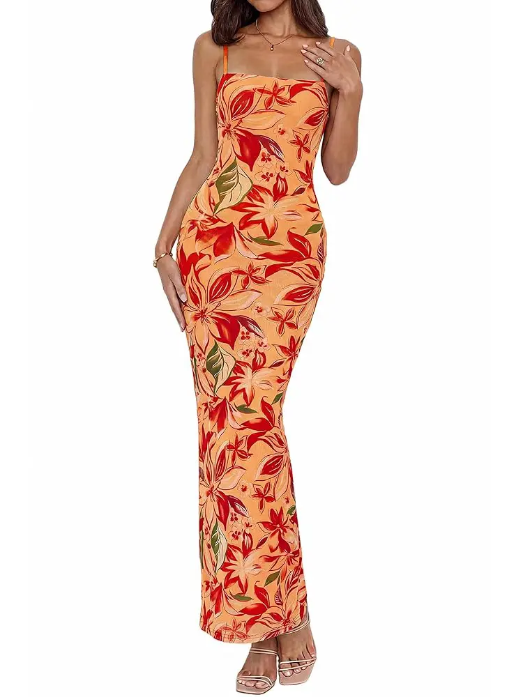 BTFBM Womens Summer Maxi Dress 2026 Floral Mesh Spaghetti Straps Sleeveless Sexy Bodycon Wedding Cocktail Party Dresses #Clearance