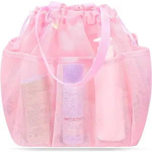 Mesh shower storage bag, with drawstring, portable, essential for college girls' dormitories, large shower bag, suitable for camping, swimming, gym, travel, bathroom - pink