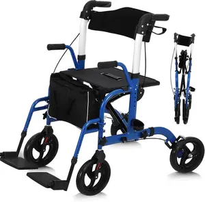 GARVEE All-Terrain 2-in-1 Rollator Walker and Transport Chair with Folding Design, 10-Inch Non-Pneumatic Wheels, Reversible Backrest, and Detachable Footrests for Enhanced Mobility and Comfort