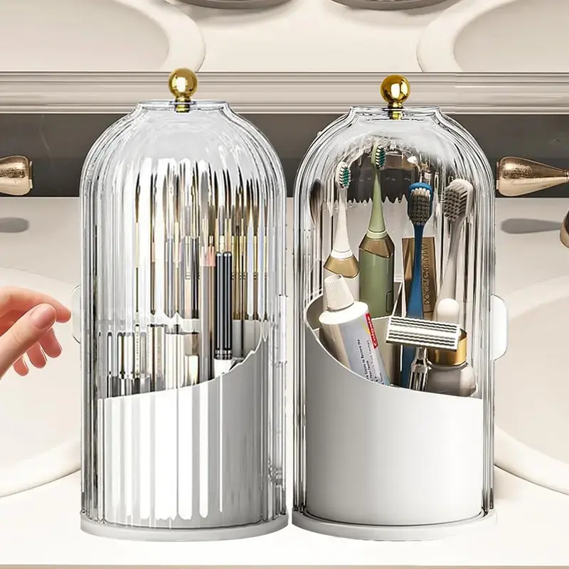 Concealed Toothbrush Holder, Makeup Brush Holder Organizer With Lid,360 Rotating Clear Dustproof Waterproof 3 Slots Bathroom Countertop Organizer,For Container Toothpaste And Toothbrush Holder (White),dorm essentials,home decor