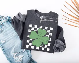 Retro Shamrock Sweatshirt, Checkered Shamrock Sweatshirt, Lucky Shamrock Sweatshirt, Retro Clover Sweatshirt, St. Patrick’s Day Gift Sweatshirt - EVA RAMOS