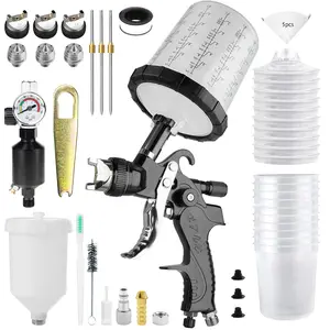 HVLP Spray Gun Kits with 1.4/1.7/2.5mm Nozzles & AirCompressor Regulator, 2 Set Cup Automotive Paint Gunswith 10x 650ml Disposable Paint Cups, Paint Sprayer forCars, House, Furniture (Black)