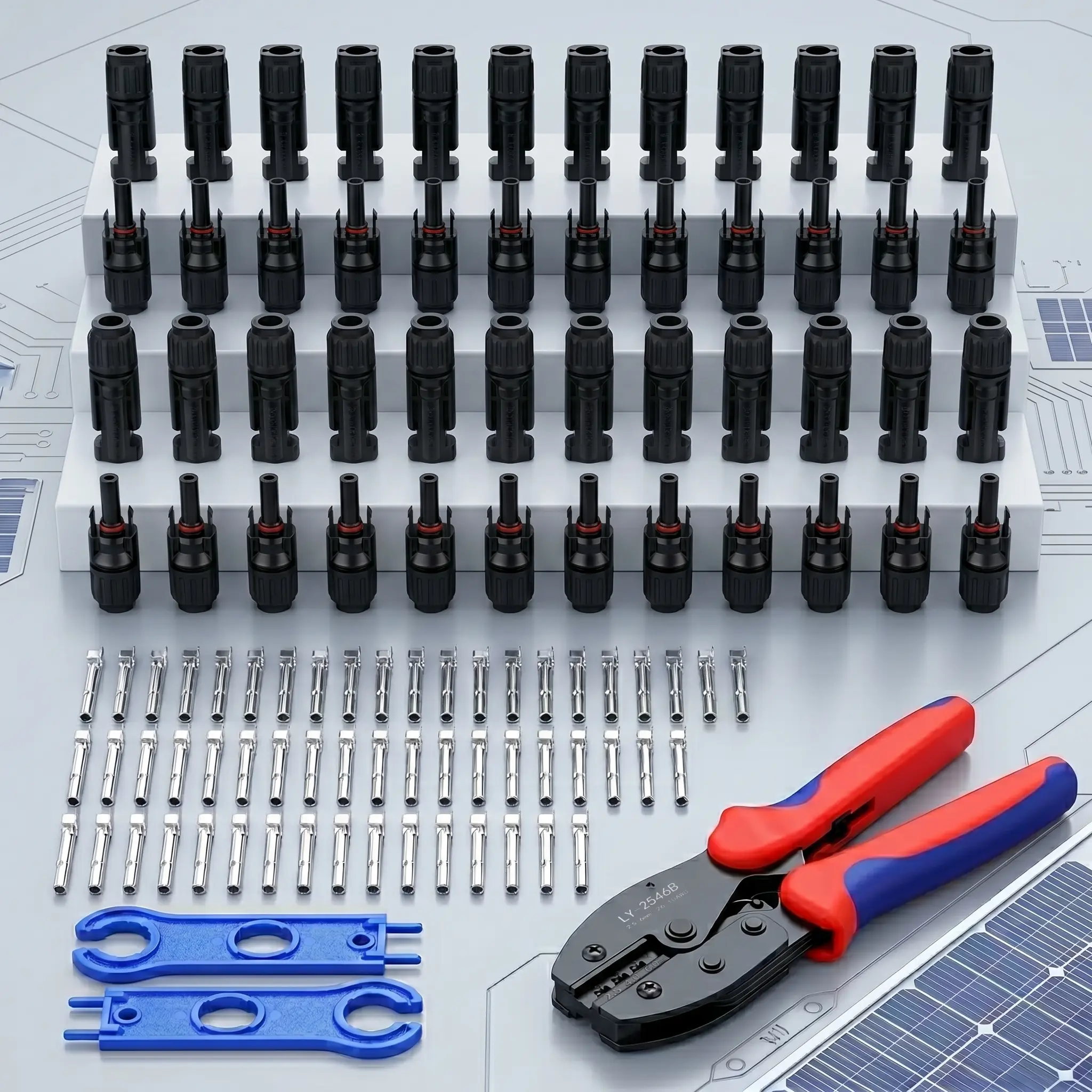 All-in-One Solar Connectors Assembly Kit, 63PCS Complete Set with 30 Pairs Male/Female PV Connectors, 30 Pairs Metal Terminals, 1 Professional Crimping Tool & 2 Multifunctional Wrenches, for 2.5/4mm² PV Cable, RV, Boat & DIY Solar Installation