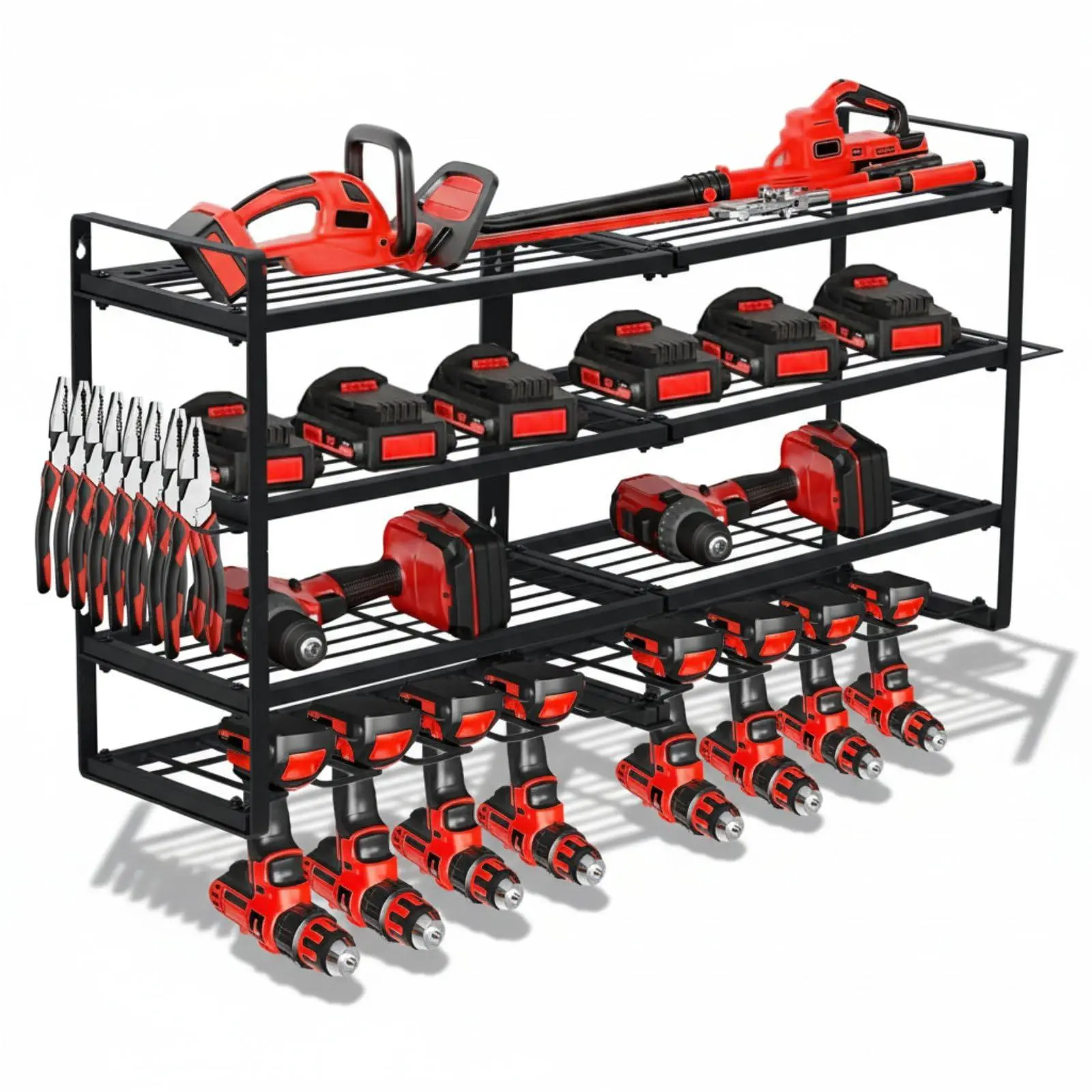 Heavy Duty Wall Mount Tool Organizer Rack, 4-Tier Metal Garage Storage with 8 Drill Slots & Hooks, 240 Lbs Capacity Power Tool Organizer for Workshop, Garage, Gift for Men