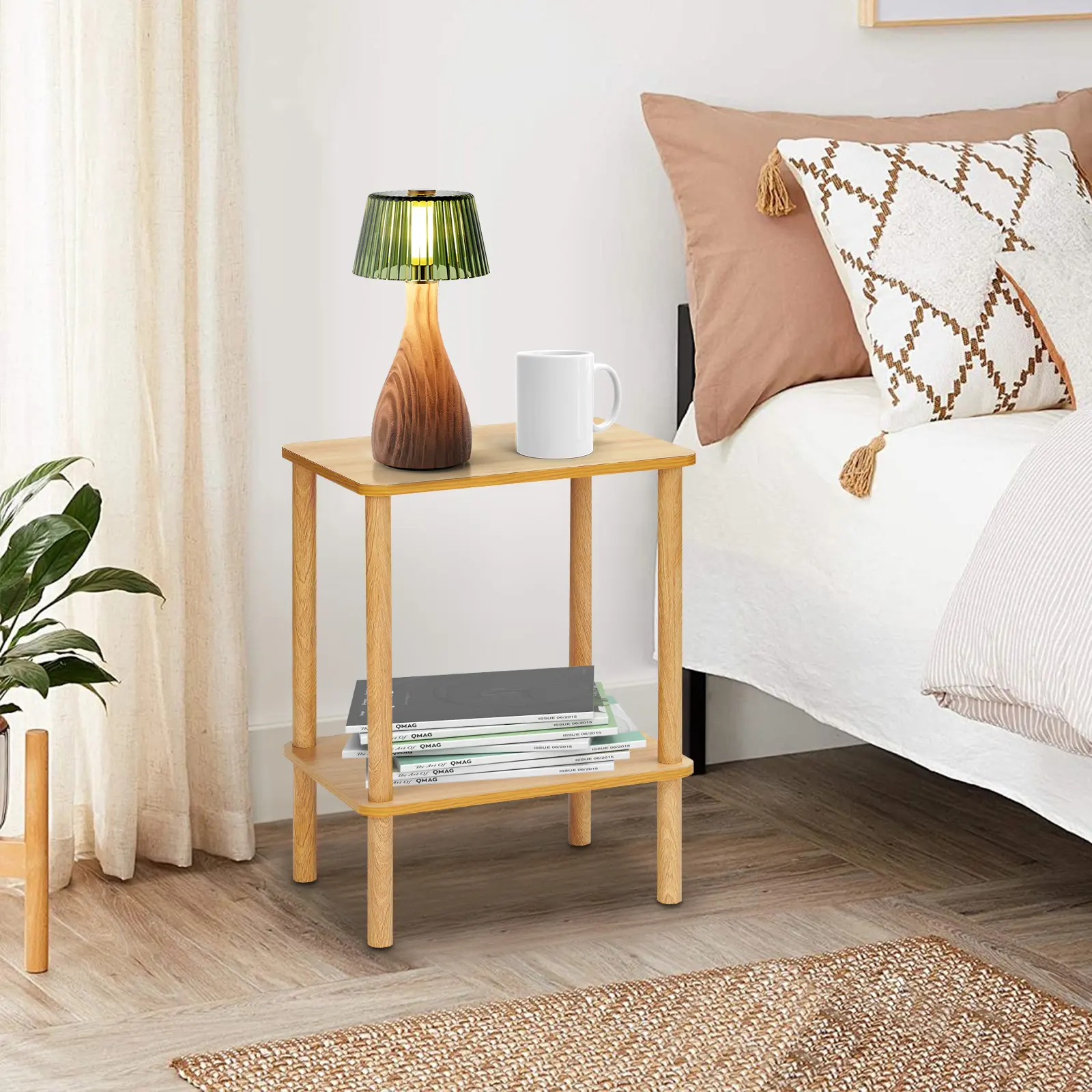 2 Tier Side table, Boho End Table with Storage Shelf, Nightstand with Wood Leg Bedside Table for Small Spaces, Bedroom, Living Room, Entryway, Farmhouse, Easy Assembly, Natural