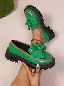 Women's Bow Decorated Mule Shoes, Round Toe, Thick Platform Flatform, Synthetic Leather, Sweet Elegant Style, Spring Fall Fashion Loafers