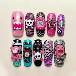 Y2K Emo Scene Press On Nails | Pink Cartoon Monster & Digital Pet Inspired Nails | 3D Kawaii Charms Glitter Swirl Goth Nail Set Nail Art Kit Nail Box