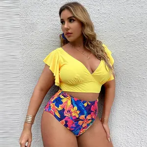 2026 Plus Size Two Piece Bikini Set for Women, Ruffled Push Up High Waisted Swimsuit, Floral Print Bathing Suit, Trendy Sexy Swimwear for Beach Vacation & Pool Party