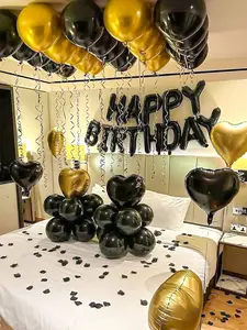 47pcs Black & Gold Happy Birthday Balloon Kit, 16in Letter Foil Balloons + Latex & Heart Foil Balloons, Birthday Party Backdrop Decor for Home Celebration, Photo Booth Setup, Easy DIY Display