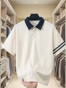 American Vintage Colorblock Collar Striped Plain Polo Shirt, Summer Loose Shoulder Short Sleeve, Casual Sports Top, Unisex Oversized Trendy Tee