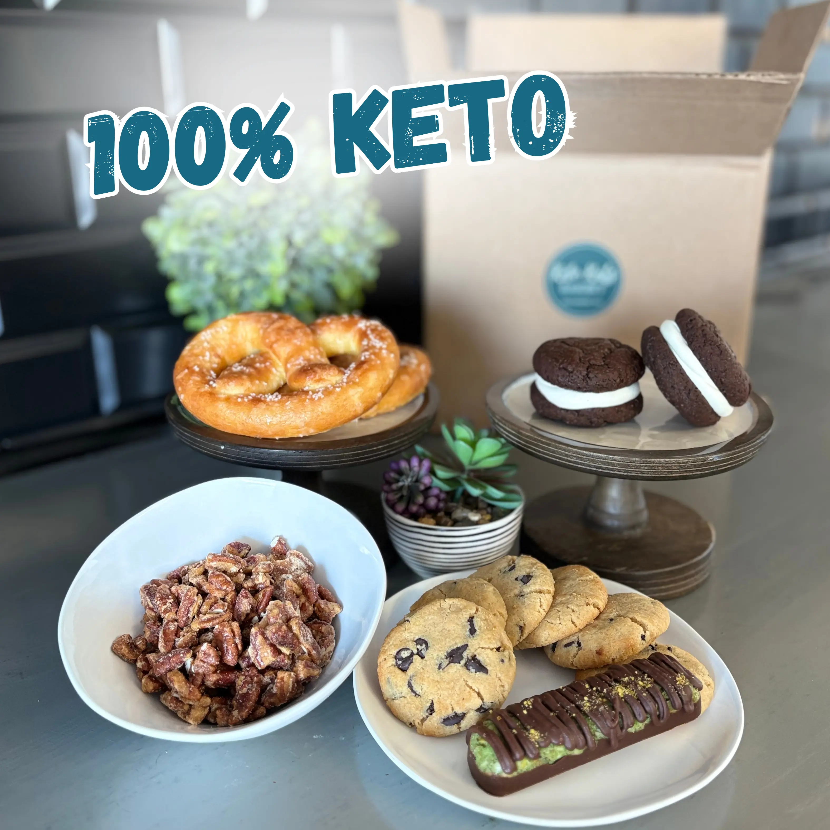 Sugar Free Snack Sampler Box by Keto Katz Bakery- Chocolate whoopie pies, chocolate dubai bar, candied pecans, chocolate chip cookies, soft pretzels