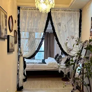 Vintage Floral Embroidered Curtain for Room Decoration, Ruffled Hem Drapes, Bedroom Window Covering, Home Textile Decor Accessories