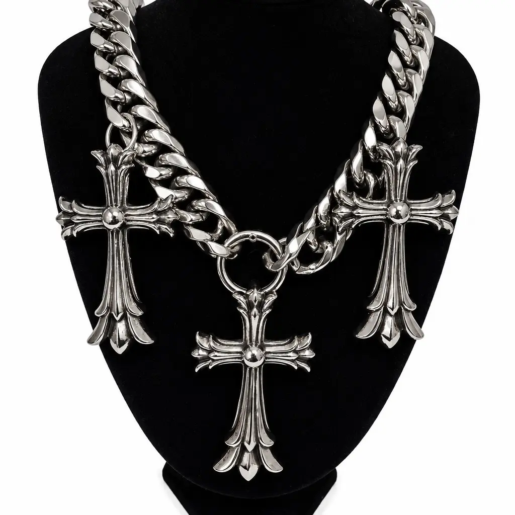 Unisex Triple Cross Statement Chain Necklace, Cross Motif Design, Includes Pendants, Suitable for Casual Wear, Cross Necklace, Short