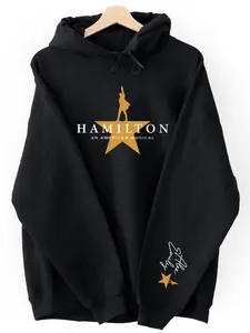 Gold Star Hamilton Musical Oversized Essential Women's Hoodie Sweatshirt - Black Broadway Graphic Hoodie with Signature Sleeve, Casual Theatre Lover Outfit