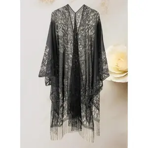 Women’s plus-size boho cover-up, lace kimono, women’s plus floral lace batwing-sleeve cover-up, open-front tassel-trim kimono, lightweight beach cover-up