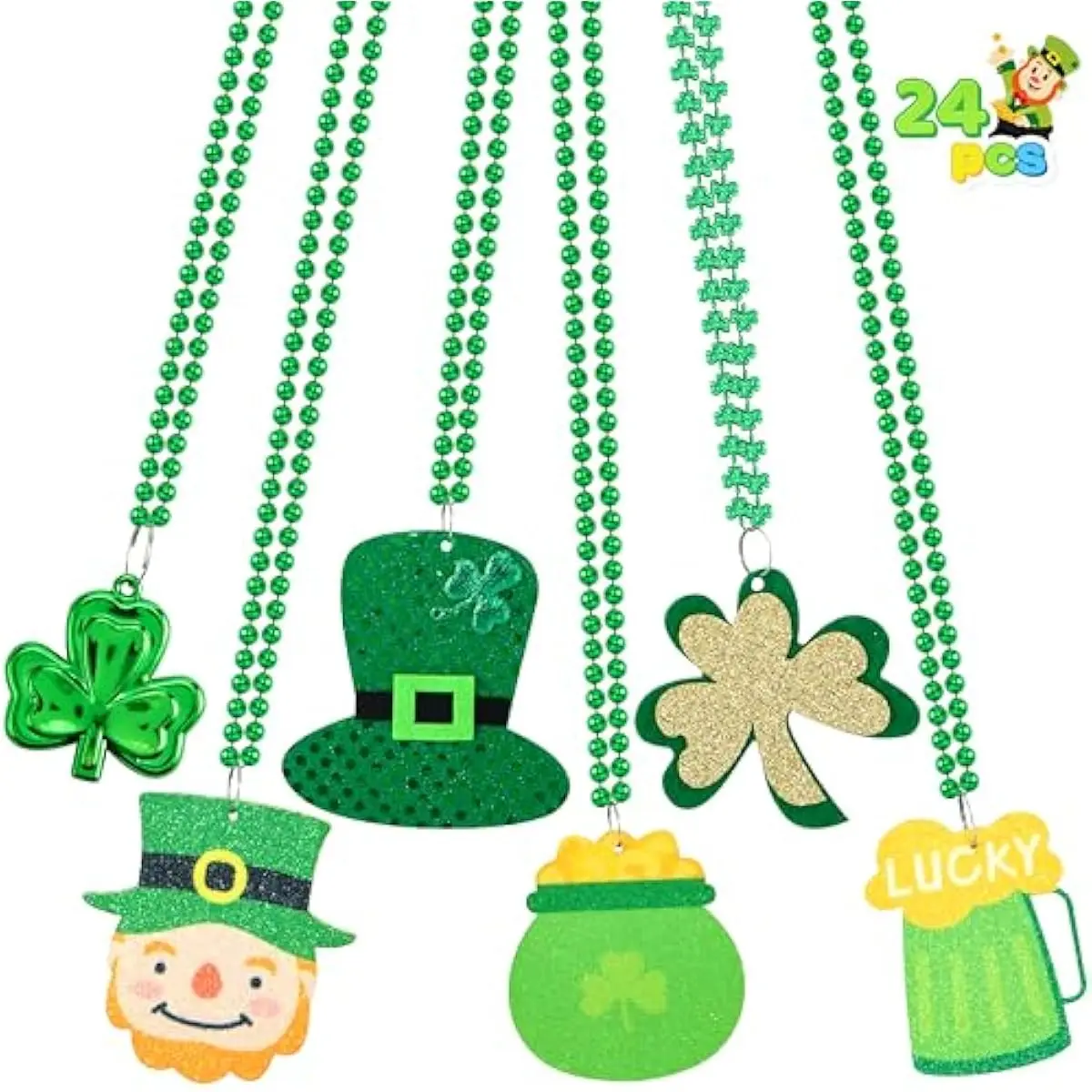 24 Pcs St Patricks Beads Necklaces with 6 Designed Pendants, Green Necklaces Bulk for St. Patrick's Day Carnival Party Favors Decorations Dress Up Accessories, Irish Beer Jewelry Costume