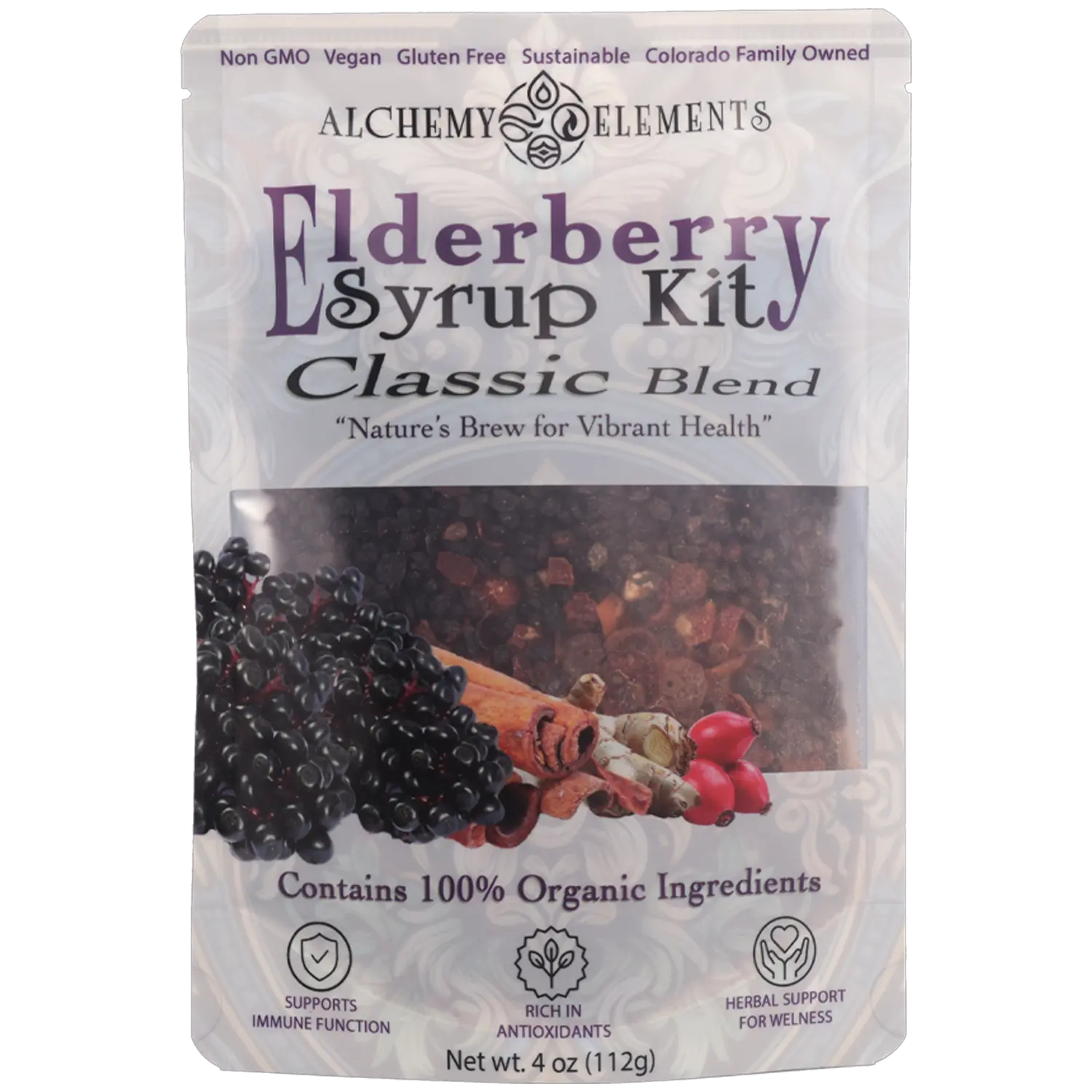 Organic Elderberry Syrup DIY Kit Makes 32 oz with Rose Hips, Ginger, Cinnamon & Cloves | Alchemy Elements