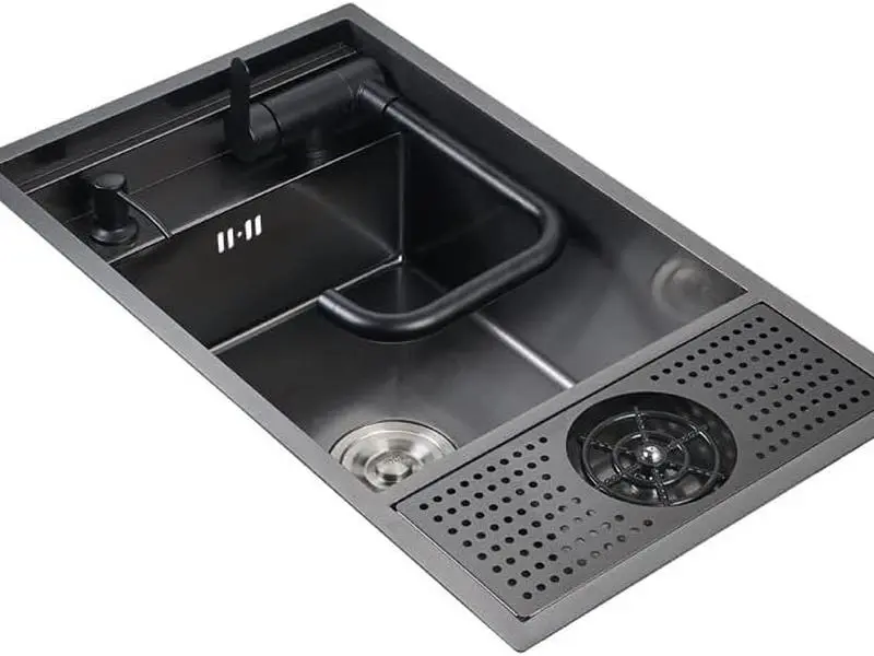 Bronstarz Nano Black Hidden Mini Bar/Cafe/RV/balcony Sink with Foldable Faucet and Glass Rinser Set