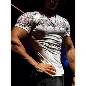 New Men's Trendy Fitted Sports Shirt, Gothic Print Quick-Dry Compression Fitness Top, Short Sleeve Long Clothing, Sporty Geometric Pattern