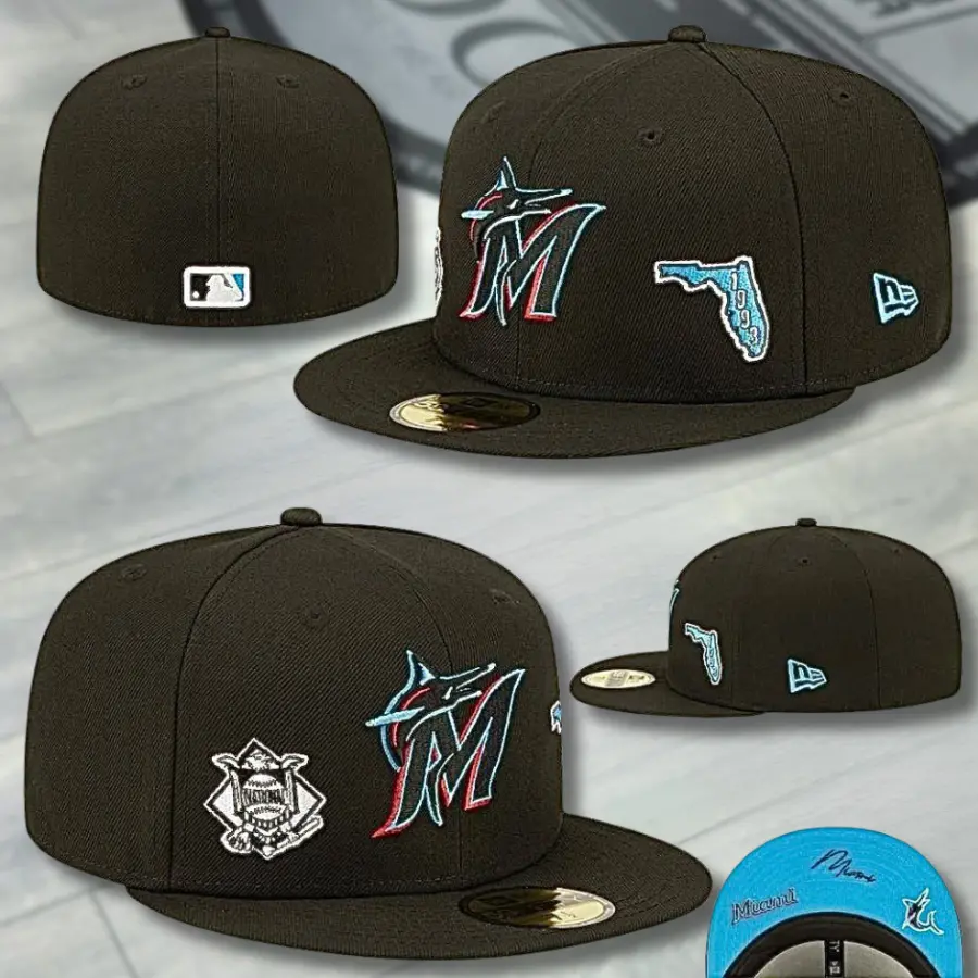 New Era Miami Marlins 59FIFTY Fitted Baseball Cap – Black Flat Bill Hat with Multicolor Marlins Logo, Florida 1993 Side Patch, Light Blue Undervisor & MLB Streetwear Style