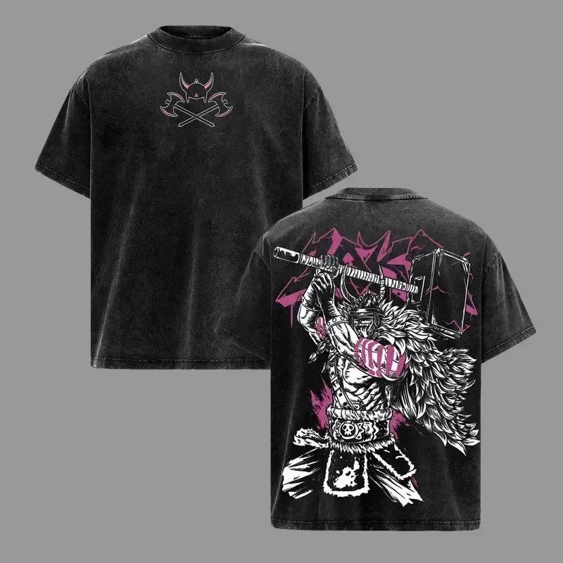 Men's Vintage Washed Oversized Heavy Cotton Short-Sleeve Crewneck T-Shirt - Elbaf Prince Warrior, Loki, 1 Piece Graphic Tee - Streetwear Gift for Anime Manga Fans
