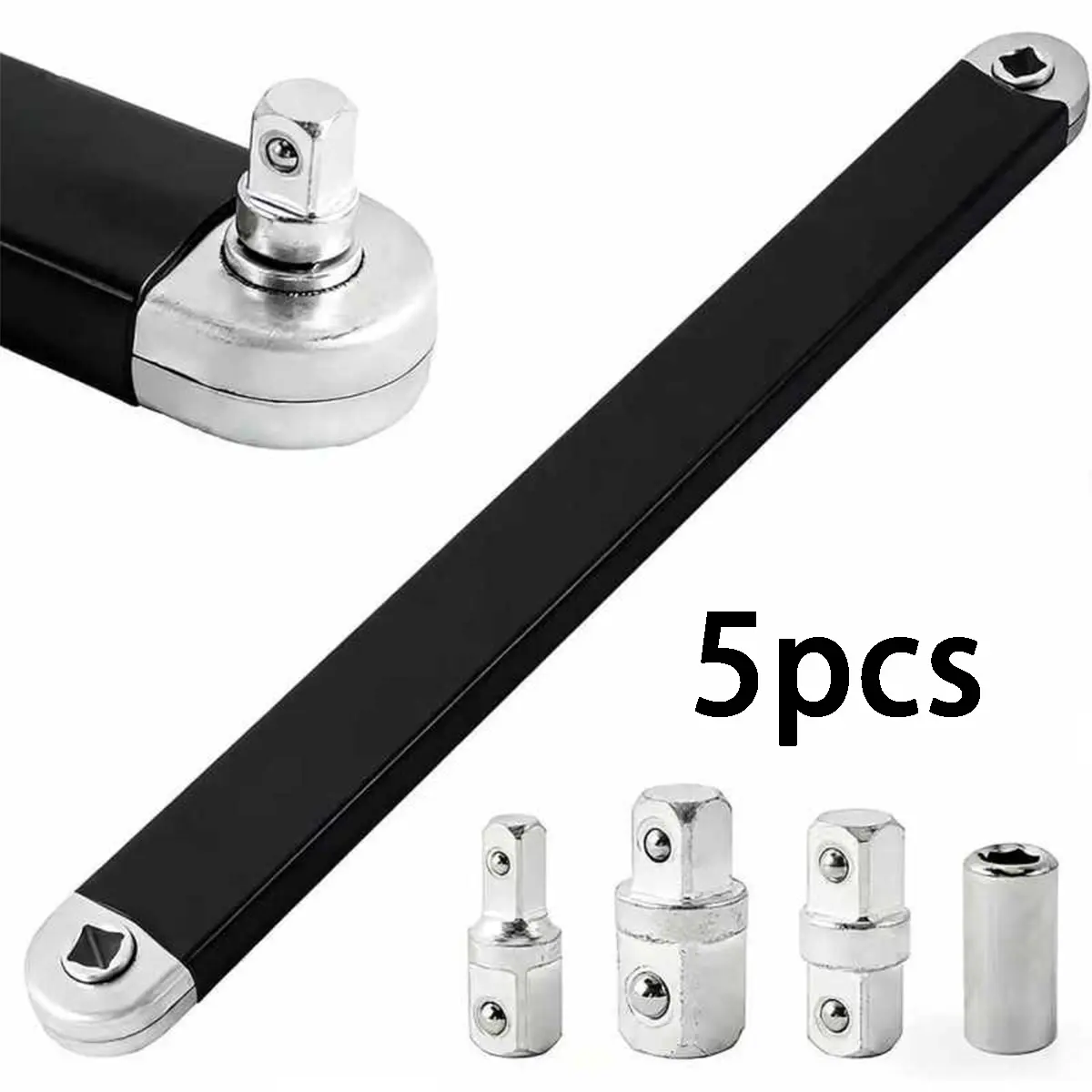 5pcs/set Offset Extension Wrench, Zero Degree Ratchet Extension Set Impact Ready Socket Wrench Extender Tool with 1/2", 1/4", 3/8" Drive Adapters and 1/4" Socket for Tight Place，tools and gadgets for him，tools for mechanics