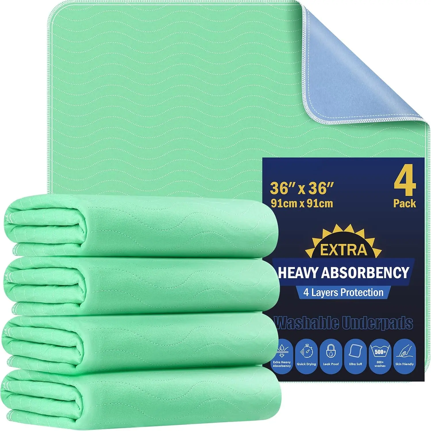4 Pack 36"x36" Extra Heavy Absorbency Waterproof Quick-Drying Washable Eco-Friendly Nursing Bed Pads for Incontinence, Dog Use (Multi-Pack Option)