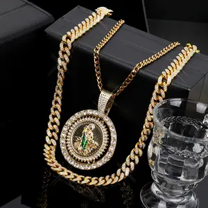 2Pcs San Judas Tadeo Pendant Necklace with Cuban Chain, Religious Unisex St. Jude Jewelry for Easter Party Street Special Occasions, Halloween Thanksgiving Christmas Gift