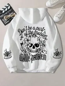 Women's Casual Polyester Hoodie with Geometric Skull Print, Knit Fabric, Hooded Sweatshirt with Pocket Detail for Fall/winter
