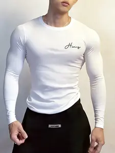 Men's Fitted Round Neck Long Sleeve T-Shirt, Minimalist Hug Handwriting Logo, Modern Casual Style, Micro-Stretch Sport Fabric, Athletic Fashion Activewear, Gym Shirts, Workout Sportswear, Sports Clothing